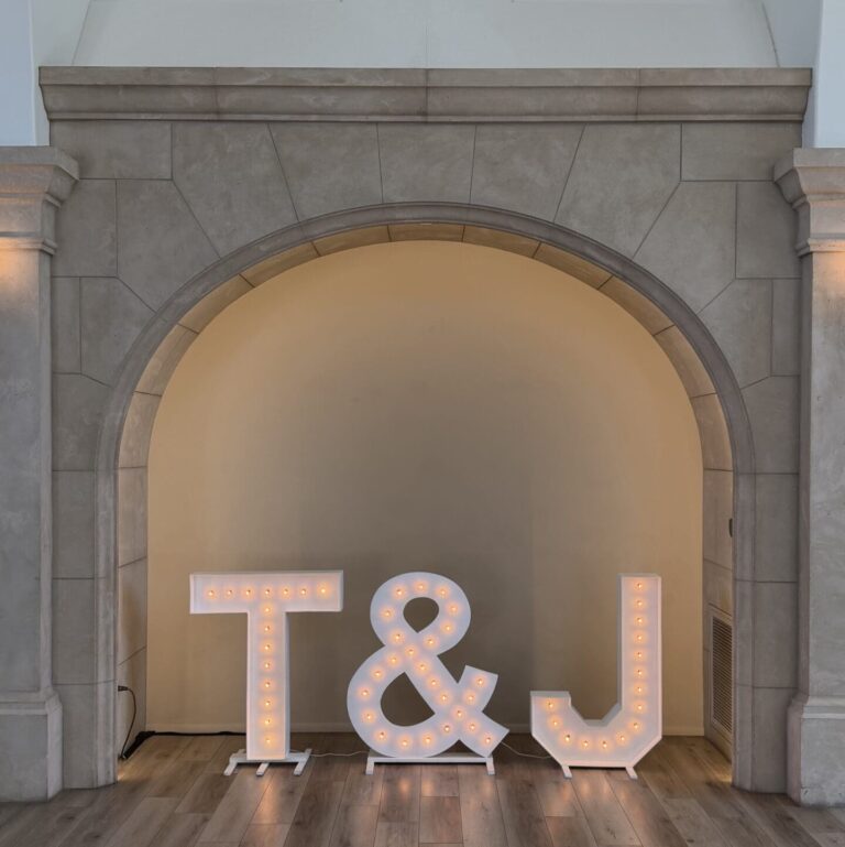 T&J initial marquee letters for a wedding at Monserate