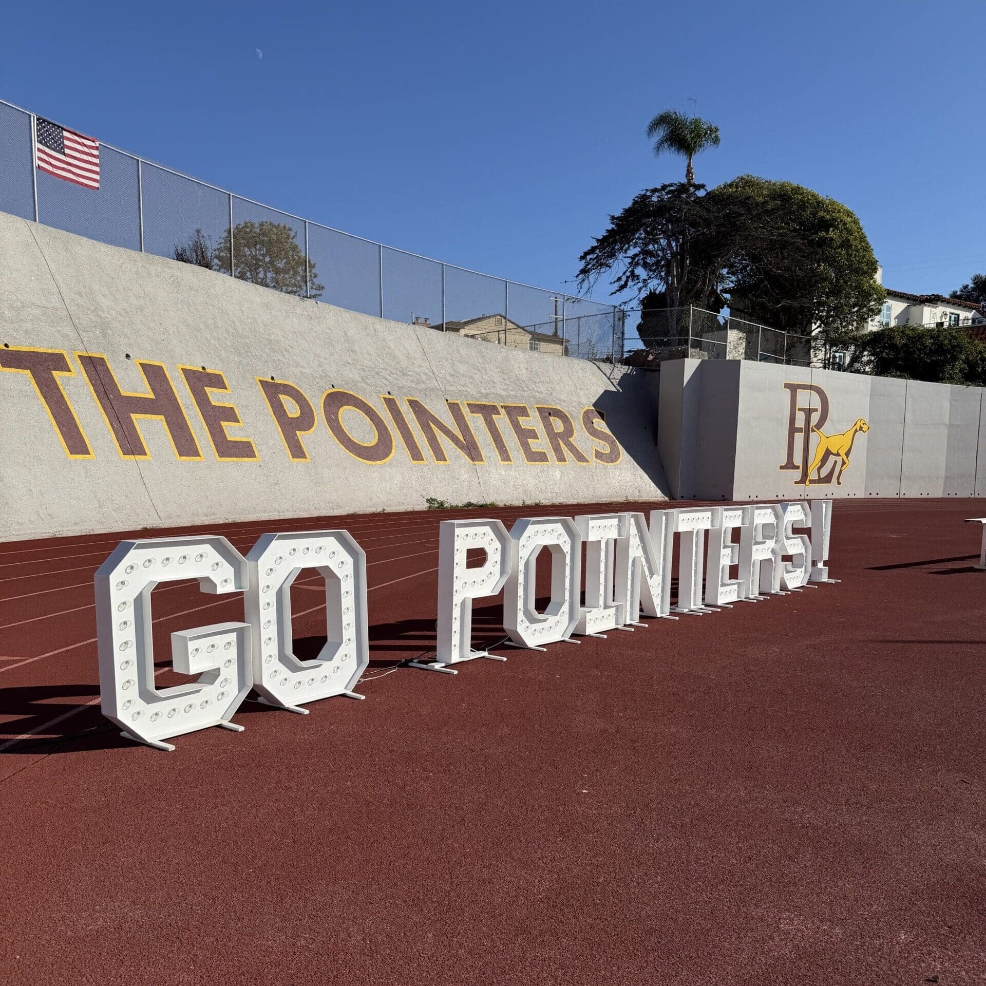 GO POINTERS marquee letters on the field at Point Loma High School